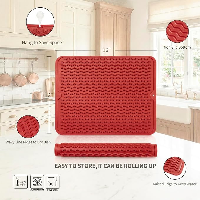 MicoYang Silicone Dish Drying Mat — Quick-Dry Ridges Counter & Sink Pad, Heat-Resistant Trivet to 450°F, Non-Slip & Dishwasher Safe, Roll-Up Storage, 18 Colors & 9 Sizes (Red, 16"×12")