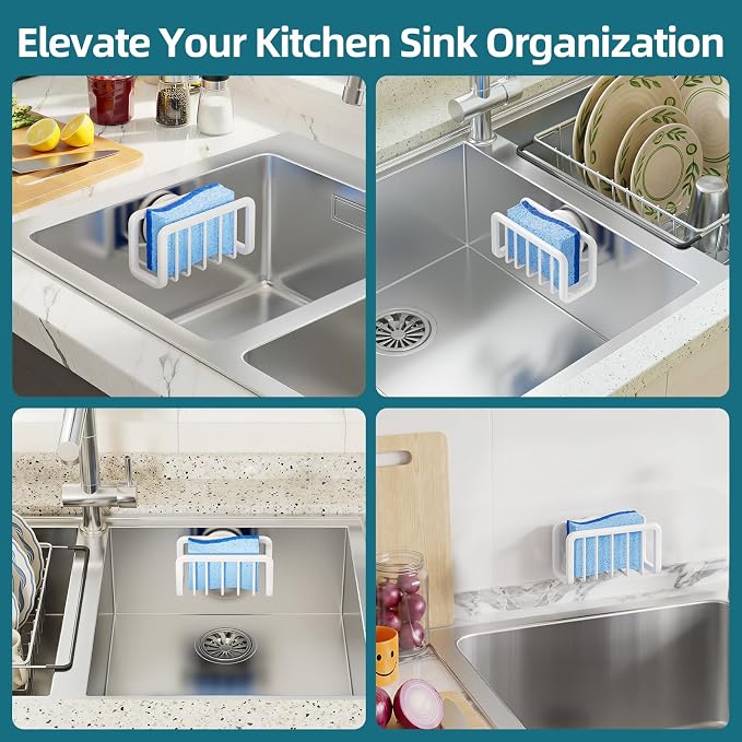 TAILI Sink Caddy with Strong Suction Cup, Sponge Holder for Kitchen Sink Oganizer, Removable Rustproof Aluminum Sponge Holder, Dish Brush for Scraper - White