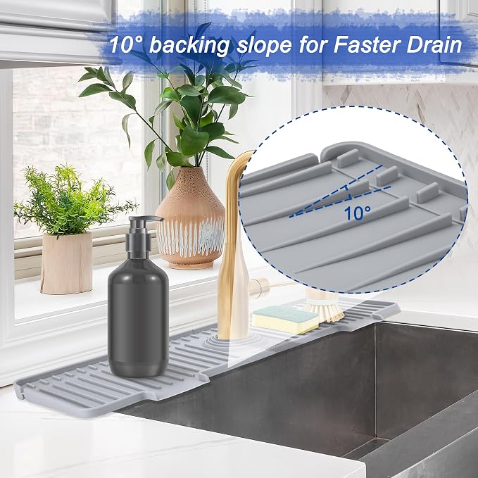 Amerner 20 inch Kitchen Sink Splash Guard, 10° Large Slope & Adaptable Hole Faucet Mat for Kitchen Sink, Silicone Sink Organizer Sponge Holder for Kitchen, Bathroom, RV, Bar, 20” x 5.5”, Gray