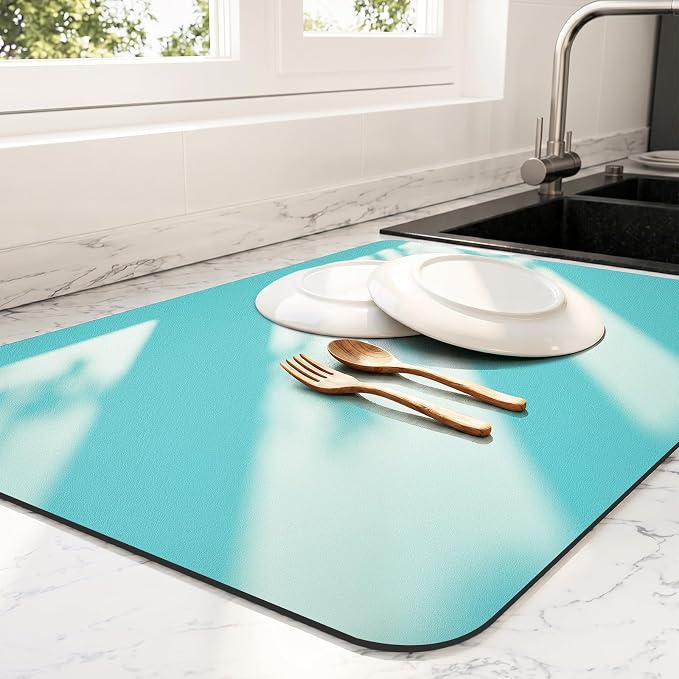 Ecotrim - Dish Drying Mat for Kitchen Counter | Coffee Bar Mat for Countertops | Heat Resistant Drainer Mat with Non-slip Rubber Backed | Hide Stain Kitchen Absorbent Draining Mat | Turquoise 18"x24"