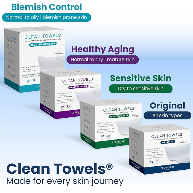 Clean Skin Club Clean Towels XL®, 100% USDA Biobased Face Towel, Disposable Face Towelette, Eczema Association Accepted, Makeup Remover Dry Wipes, Ultra Soft, 50 ct per pack, 6 Packs, 300 Ct Total