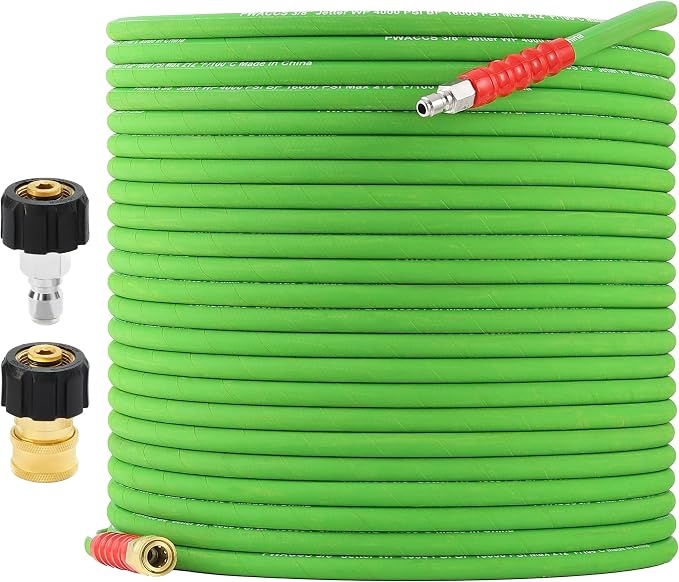 PWACCS Pressure Washer Hose 100FT 3/8", Steel Wire Braided Power Wash Hose | Quick Connect, Kink Resistant, M22 14 Adapters, Cold/Hot Water, 4000 PSI