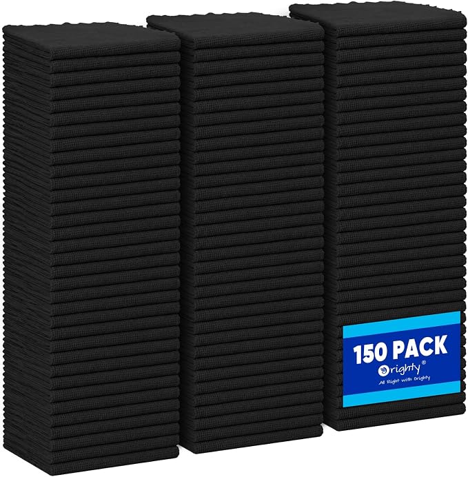 Orighty Microfiber Cleaning Cloth Bulk, 150 Pack Shop Towels, Reusable Cleaning Rags, Lint Free Microfiber Towels for Cars, Home & Kitchen, 12x12 Inch, Black