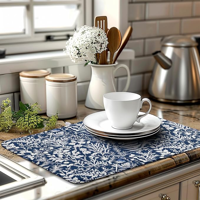 Blue and White Plant Dish Drying Mat Botanical Fern Leaves Floral Drying Mats for Kitchen Counter Microfiber Absorbent Dish Draining Mat Reusable Washable Dish Rack Pad 18x24 Inch