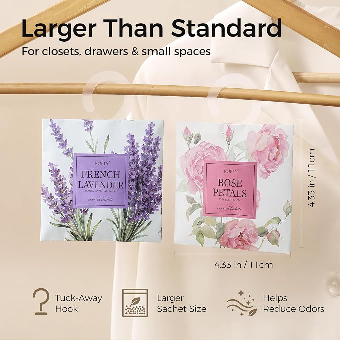 12 Pack 6 Assorted Scented Sachets, Air Freshener for Small Spaces | Hanging Sachet Bags with Retractable Hook; Closet Deodorizer & Odor Eliminator for Drawers, Shoe Cabinets, Cars & Luggage