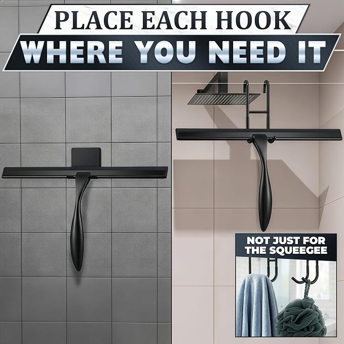 Black Squeegee for Shower Glass, 14" Silicone Blade, Stainless Steel | Shower Door Squeegee with Hook, Adhesive Mount; All-Purpose Bathroom Tile, Mirror, & Window Wiper for Streak-Free Cleaning