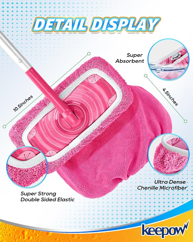 KEEPOW Reusable Mop Pads Compatible with Swiffer Sweeper, 4 Pack Pink | Washable Microfiber Replacement Mop Refills, Wet & Dry Dust Mopping Pads for Hardwood, Tile, Laminate & Vinyl Floors