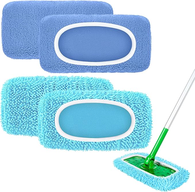 4 Pack Reusable Mop Pads Compatible with Swiffer Sweeper Mop (Normal and Deluxe), Microfiber Wet & Dry Sweeping Cloth, Reusable Washable Pads for Floor Cleaning (Blue, Not Include Mop)
