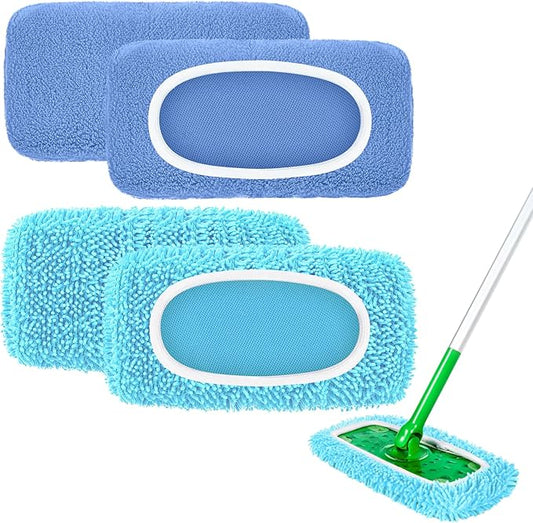 4 Pack Reusable Mop Pads Compatible with Swiffer Sweeper Mop (Normal and Deluxe), Microfiber Wet & Dry Sweeping Cloth, Reusable Washable Pads for Floor Cleaning (Blue, Not Include Mop)