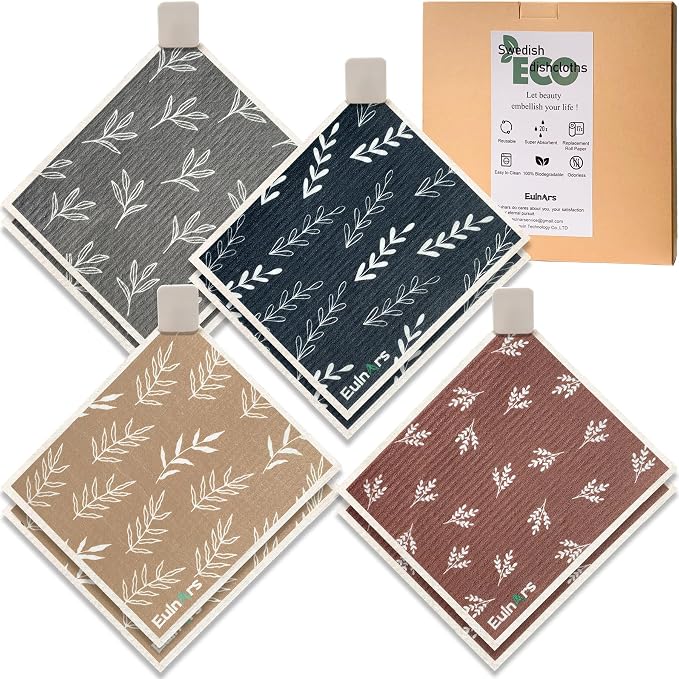 Eulnars Swedish Dishcloths, 8 Pack Reusable Paper Towels with Clips, Quick Drying Dish Towels, Super Absorbent Cellulose Sponge Cloths, No Odor, Kitchen Cleaning Essentials