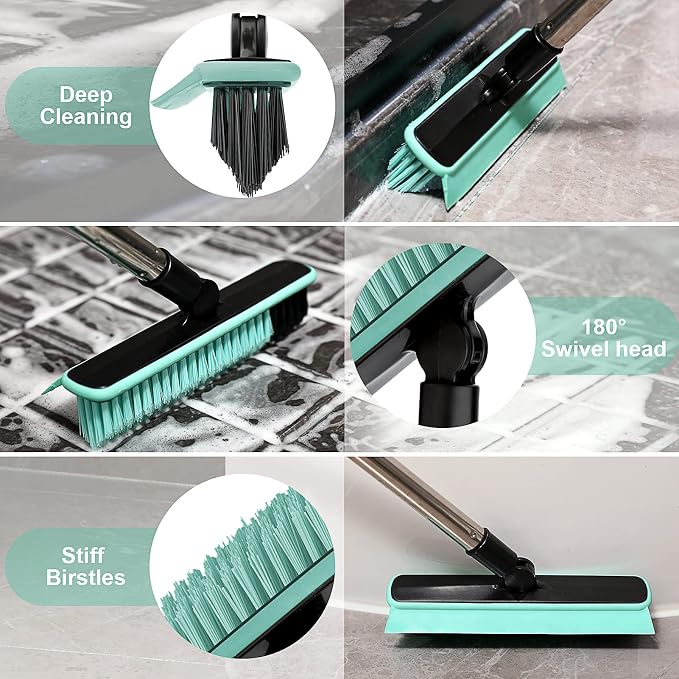 Grout Cleaner Brush with Long Handle, V-Shaped Floor Scrub Brush Swivel Grout Brush Stiff Bristle Floor Grout Scrubber for Bathroom, Tile Line, Crevice, Kitchen, Wall, Deck, Garage (Green)