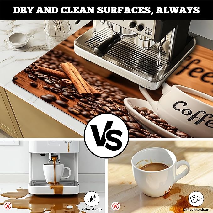Dish Drying Mat Large Coffee Mat Absorbent Drying Mat for Kitchen Counter Coffee Bar Accessories 32"x 17", Coffee and Beans 2