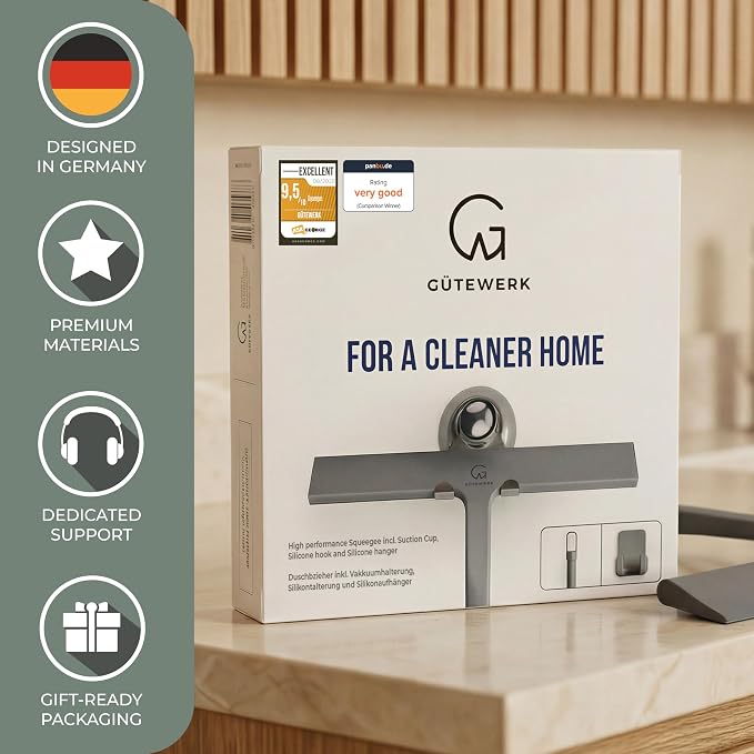 GÜTEWERK Silicone Shower Squeegee for Glass Doors & Mirrors with Stainless Steel Core, Streak-Free & No-Squeak Window Cleaning, 3-in-1 No-Drill Mount (Hook/Suction/Adhesive),Gray, 9 Inches