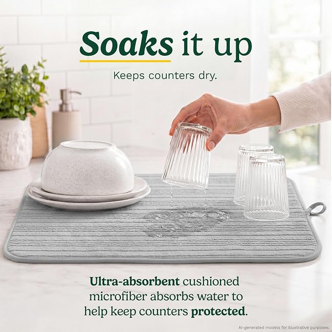 Cuisinart Dish Drying Mat for Kitchen Counter - 2-Pack XL 18x24 Ultra Absorbent Microfiber Dish Mat - Fast Drying, Machine Washable, Foldable Countertop Pad - Safe for Granite & Quartz