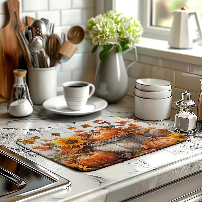 Fall Dish Drying Mat for Kitchen Counter Autumn Thanksgiving Pumpkin Sunflower Maple Leaf Leaves Birds Dishes Draining Pad Washable Dish Drainer Rack Mat Medium 16x18 Inch