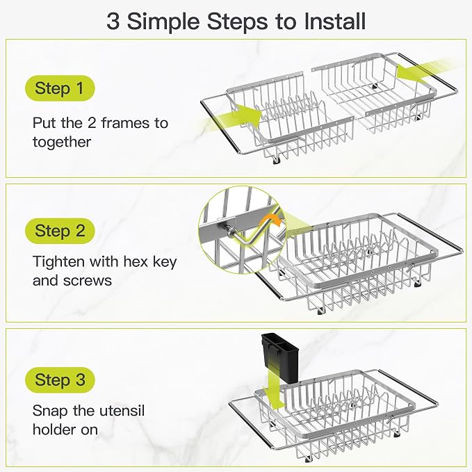 JASIWAY Expandable Stainless Steel Dish Drying Rack Over The Sink For Small Kitchen, Counter Space Saving Compact Plate Drainer Strainer, Adjustable Hanging Metal Dish Dryer Holder with Utensil Holder