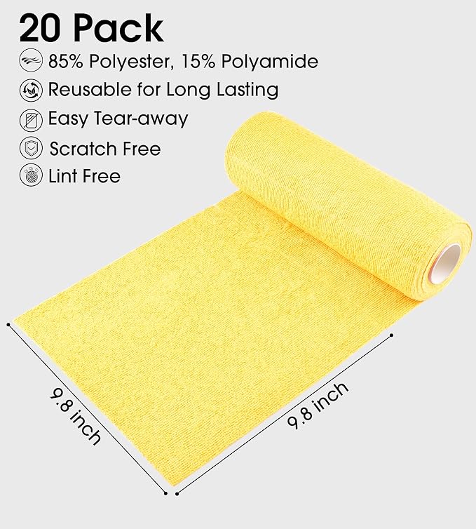 KitchLife Microfiber Cleaning Cloth Roll - Tear-Away Reusable Microfiber Paper Towels, Lint-Free, Washable, 20 Sheets for Kitchen, Car, Dishes, and Sensitive Surfaces (Yellow)