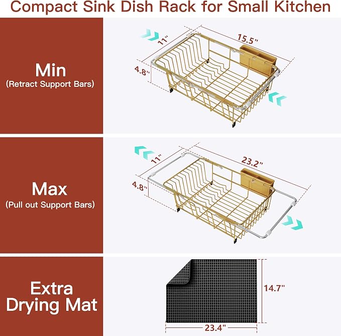 JASIWAY Gold Dish Drying Rack in Sink with Mat, Expandable Stainless Steel Dish Drainers for Kitchen Counter, Space Saving Dish Dryer for Inside Sink, Over Sink Dish Racks with Utensil Holder