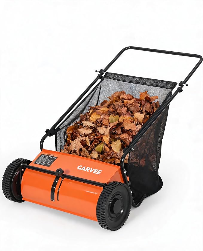 Garvee Push Lawn Sweeper, 26" Leaf & Grass Collector with 7Cu.ft Hopper Bag | Heavy Duty Yard Sweeper with Clear Dust Cover & Large Collection Bag for Leaves, Grass Clippings, for Lawn Yard Cleanup
