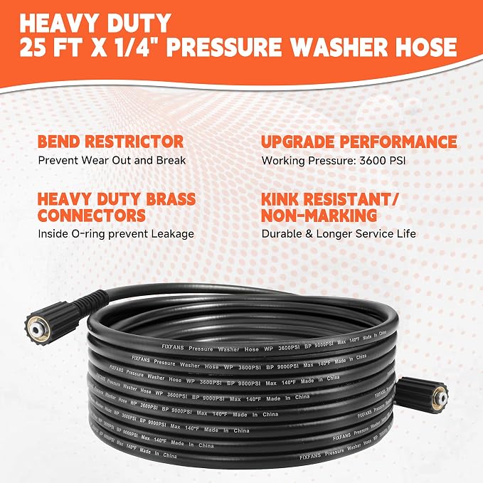 FIXFANS Pressure Washer Gun and Hose Kit, 25FT Power Wash Hose, M22 Fitting | High Pressure Washer Replacement Wand Extension, 5 Nozzle Tips