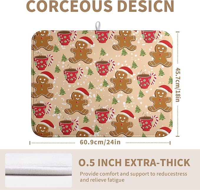 Cute Gingerbread Man Xmas Dish Drying Mat, Absorbent Dish Pad, 18x24 inch
