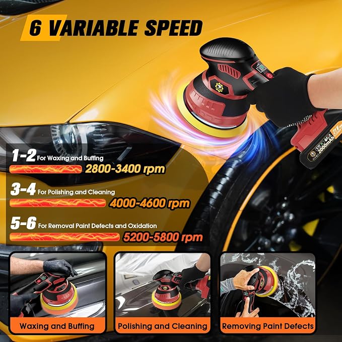 Cordless Car Buffer Polisher kit, DA Polisher with 2*21V Batteries | 2x 21V 2000mAh Batteries, 6-speed, LED Display, Random Orbital, 18 pcs Assorted Polishing Pads for Car Detailing-Red