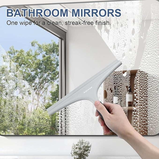 Shower Squeegee for Glass Doors, 10 in Bathroom Squeegee for Shower Glass | Silicone Glass Squeegee for Tile Shower Walls/ Windows/ Mirrors/ Car, Ergonomic Streak Free Shower Squeegees, Adhesive Hook