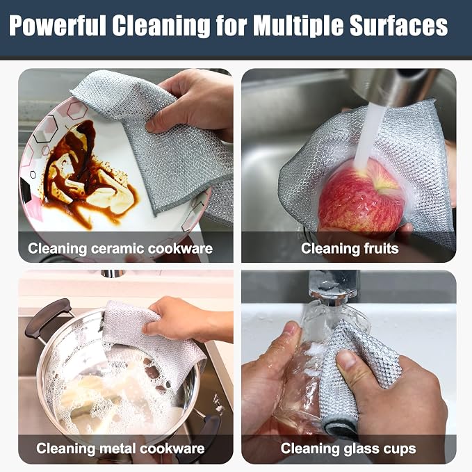 Navona 12 Pcs New Upgrade Steel Wire Dishcloth,Triple-Layer Steel Wire Cleaning Cloth,Powerful Cleaning Non-Scratch Wire Dishcloth Rag for Cookware, Sinks, Dishes, Stove Tops
