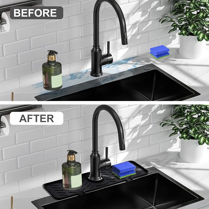 Silicone Faucet Mat for Kitchen Sink – Gen 2 Splash Guard with Upgraded Outlet & Slope – 18” x 5.1” Water Catcher & Sink Sponge Holder for Kitchen and Bathroom (Black)
