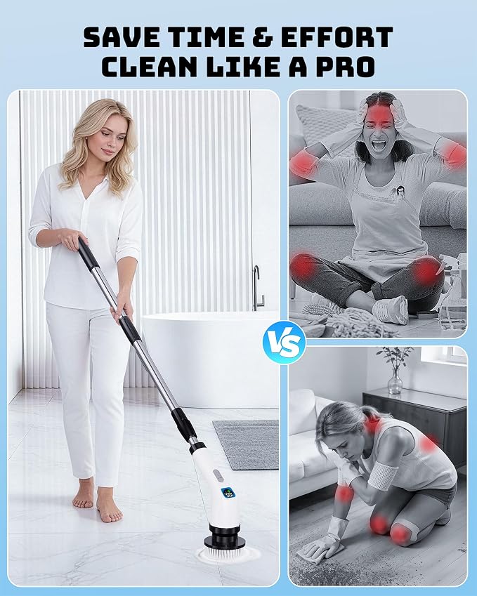 Electric Spin Scrubber for Bathroom | Shower Cleaner Brush with Long Handle | Dual Speed Cordless Power Scrubber with 7 Brushes Heads | IPX7 Waterproof Scrub Brush for Bath Tub Tile Grout Glass Tool