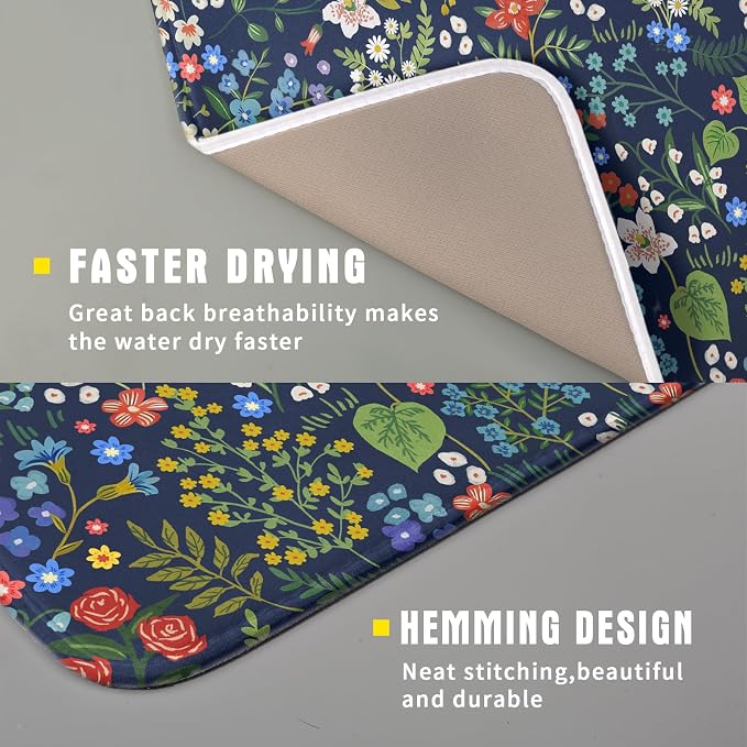 Flower Floral Dish Drying Mat Microfiber Navy Blue Absorbent Drying Pad for Kitchen Counter Small