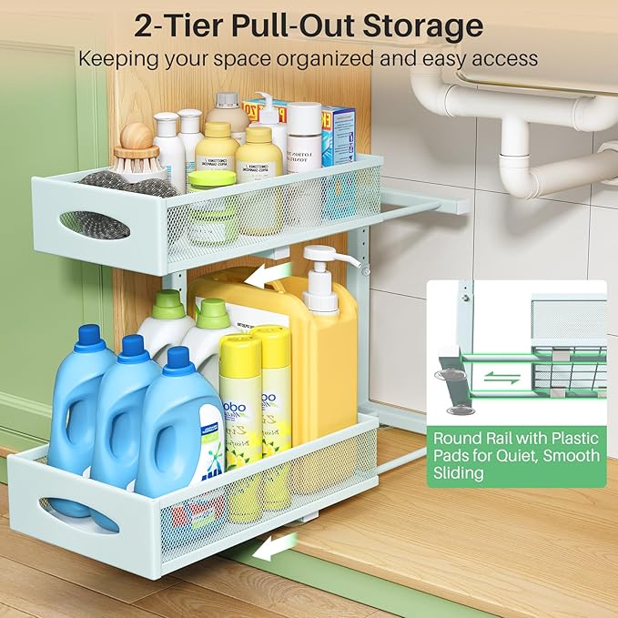2 Pack Under Sink Organizer, 2 Tier Pull out Cabinet Organizer Mesh Baskets with 5 Adjustable Heights, Sliding Drawers Storage Shelf for Home, Kitchen, Bathroom, Pantry, Office, Countertop ,Blue
