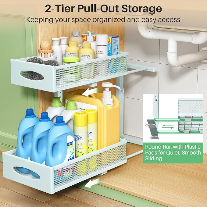 Under Sink Organizer, 2 Tier Pull out Cabinet Organizer Baskets with Mesh Sliding Drawers, Slide out Storage Shelf for Home, Kitchen, Bathroom, Pantry, Office Cabinet(1 Pack, Blue)