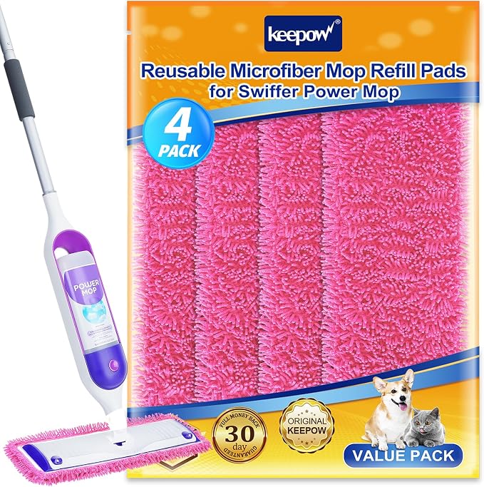 KEEPOW 4 Pink Reusable Mop Pads Compatible with Swiffer PowerMop | Mop Refill Pads Replacement for Swiffer Power Mop Spray Mop Pads for Multi-Surface Floor Cleaning