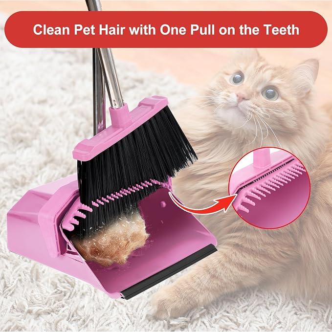 Tiumso Broom with Dustpan Combo Set, 51'' Broom and Dustpan Set, Brooms and Dust Pan with Handle, Brooms with Standing Dustpans, House Broom for Pets Hair and Floor Cleaning - Pink