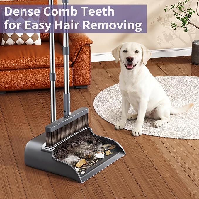 Broom and Dustpan Set, 51.6" Long Handle Broom with Dustpan Combo Set with Dustpan Teeth & Two Broom Heads, Brooms with Dust Pan for Sweeping Indoor Home Kitchen Office Lobby Pet Hair