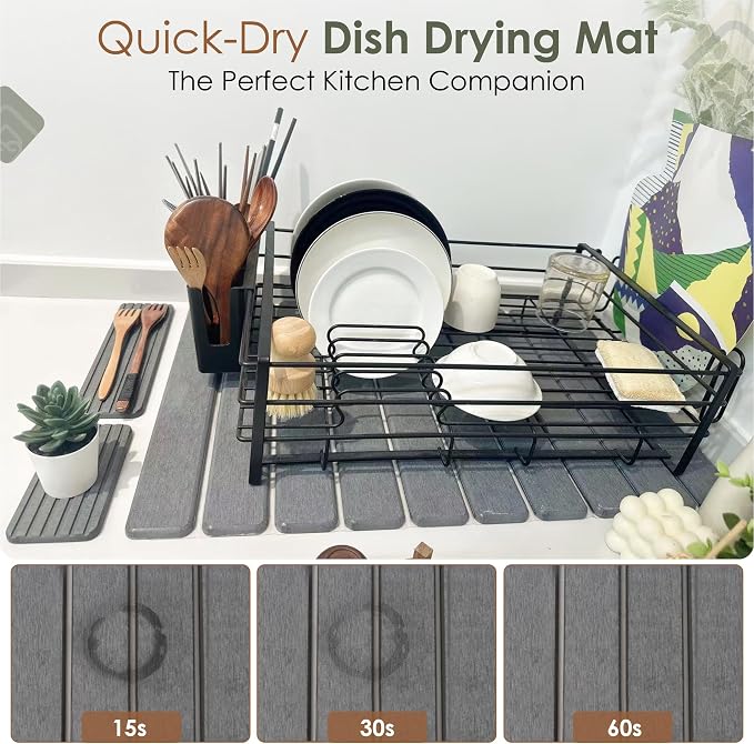 Large Stone Dish Drying Mat for Kitchen Counter, Foldable Quick Dry Stone Dish Mat, Diatomaceous Earth Water Absorbing Pad for Plate Utensils Rack Bottles, Any Countertop (Dark Gray 24"×16" & 2*8"x4")