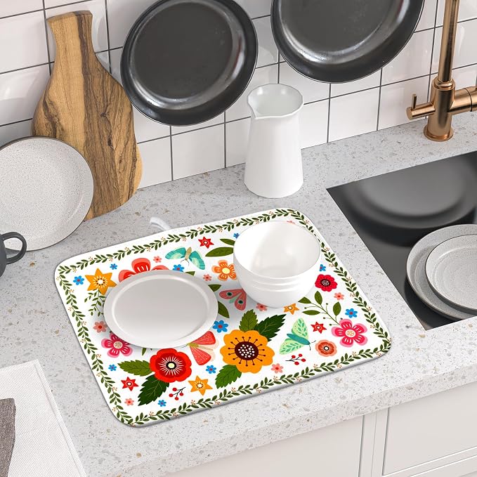 Colorful Boho Floral Dish Drying Mat 16x18 Inch Dishes Dry Pad Drainer Rack Mats Absorbent Hanging Loop Kitchen Counter Bar Accessories
