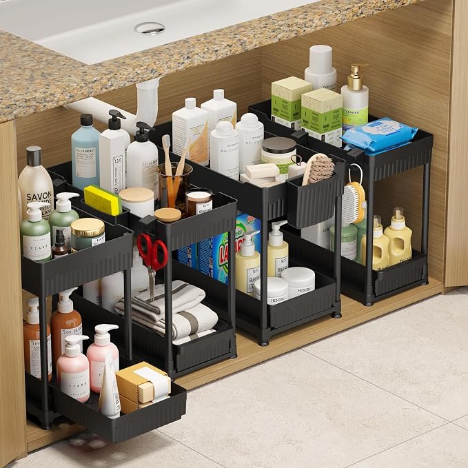 Sevenblue 4-Pack 2-Tier Under Sink Organizer with Pull Out Drawers | Multi-use kitchen & bathroom storage. Includes hanging hooks and cups. Black, space-saving cabinet design.