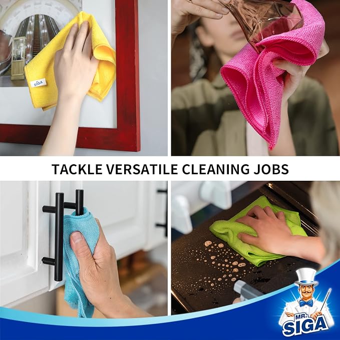 MR.SIGA Microfiber Cleaning Cloths, Streak Free Microfiber Towels, 12 Pack | Ultra absorbent and high density, reusable cleaning towels for kitchen, car, glass and household surfaces, color coded cloths