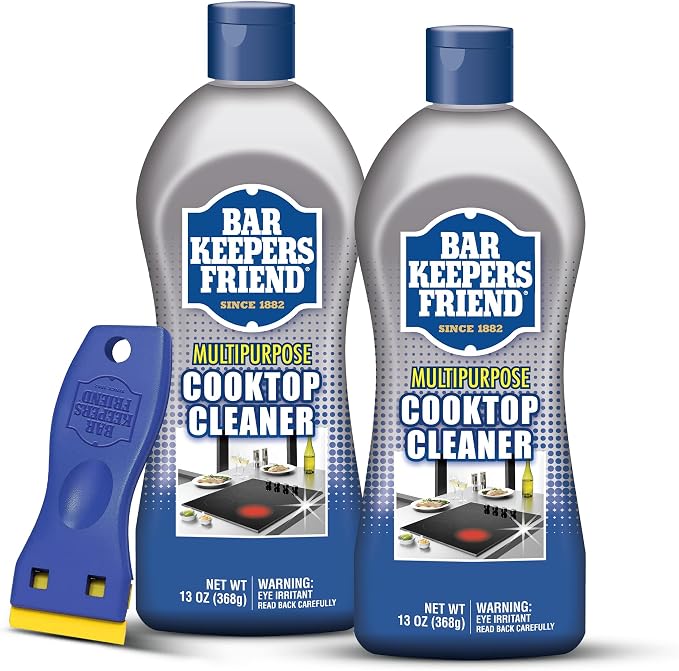 Bar Keepers Friend Cooktop Cleaner (2 x13 oz) + Scraper - Multipurpose Liquid Stovetop Cleanser, Safe for Use on Glass & Ceramic Cooking Surfaces, Copper, Brass, Chrome, Stainless Steel & Porcelain