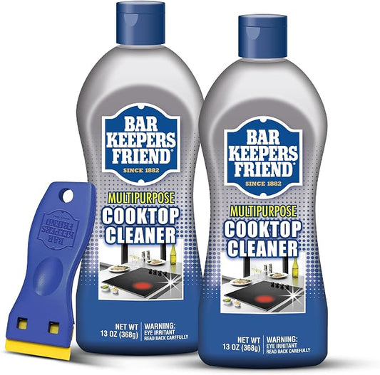 Bar Keepers Friend Cooktop Cleaner (2 x13 oz) + Scraper - Multipurpose Liquid Stovetop Cleanser, Safe for Use on Glass & Ceramic Cooking Surfaces, Copper, Brass, Chrome, Stainless Steel & Porcelain