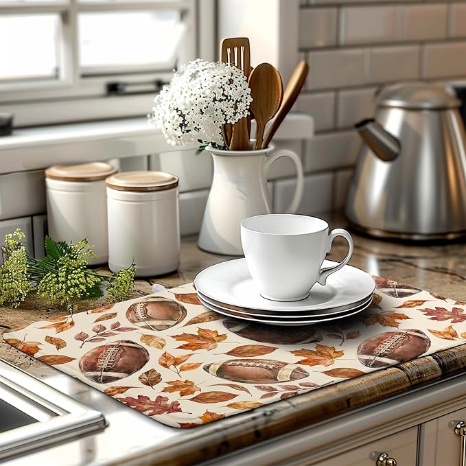 Burnt Orange Football Maple Leaves Fall Dish Drying Mat for Kitchen Counter Autumn Thanksgiving Dish Drying Pad Seasonal Harvest Holiday Absorbent Microfiber Dishes Drainer Mats 18x24 Inch