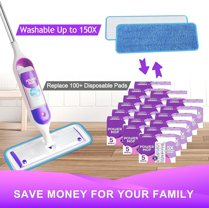 Reusable Power Mop Refill Pads for Swiffer Power Mop Starter Kit | Swifter Powermop Pads Refills - Multi-Surface & Wood Mopping Pad Refill for Floor Cleaning - Washable Microfiber Pad, 4 Pack