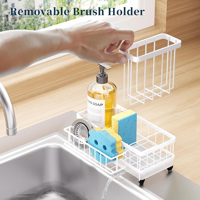 Consumest Sponge Holder for Kitchen Sink - Auto Draining Sink Caddy Organizer with Detachable Rack, High Brush Holder, Kitchen Countertop Storage Accessories, White