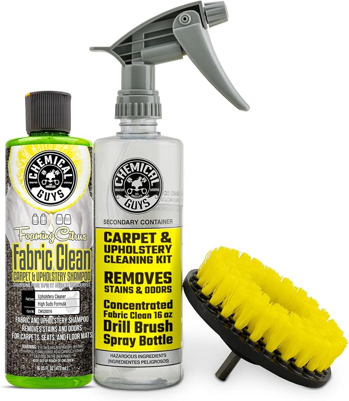 Chemical Guys, Citrus Foaming Fabric & Carpet Cleaner Drill Brush, 16 oz | Lifts coffee, food and pet stains and odors from carpet, mats and upholstery, drill brush agitates, citrus scent