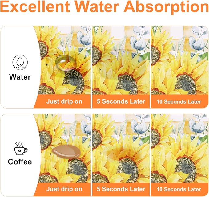 LOKHOM Dish Drying Mat for Kitchen Counter, 17"x32" Absorbent Coffee Bar Mat with Sunflowers, Vintage Floral Dish Drainer Rack Mat for Decoration