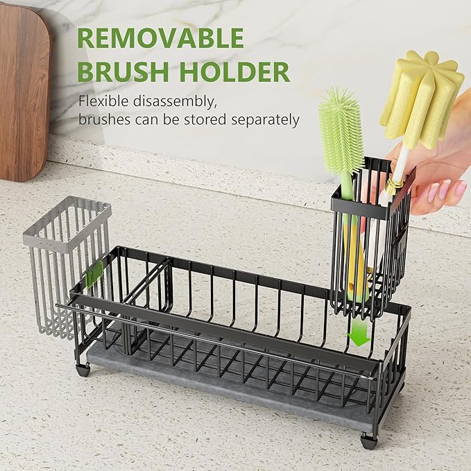 Cisily Large Sink Caddy Organizer with Towel Holder, Quick Dry Sponge Holder for Kitchen, Black Dish Brush Holder for Countertop, Kitchen Decor Storage and Essentials