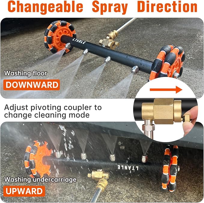2-in-1 Can Move Horizontally Pressure Washer Undercarriage Cleaner Water Broom, 15" Surface Cleaner Power Washer Attachment with 4 Nozzles 3 Extension Rods andSpare Wheel，4000 PSI (15inch)