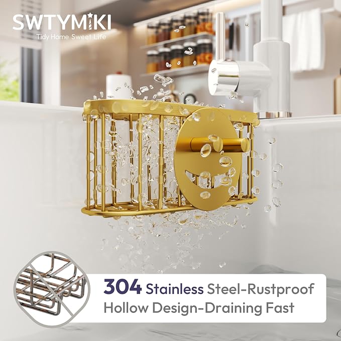 SWTYMIKI Sponge Holder for Kitchen Sink - Movable Sink Caddy with Smiley Face Sponge Holder, Rustproof Hanging Sponge Organizer in Double Bowl Sinks Depth>3.15in, Middle Divider<1.5in, Gold